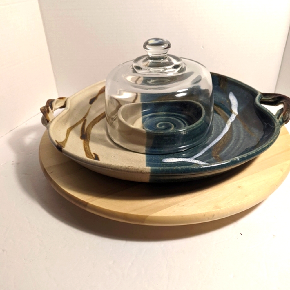 Handmade Studio Pottery Serving Tray with Glass Dome